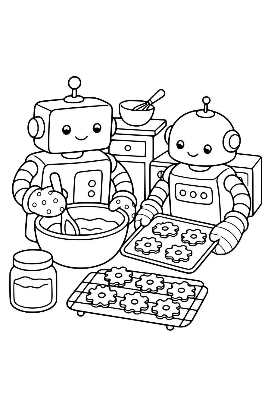 Medium coloring page of two original friendly robots baking cookies together