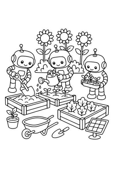 Medium coloring page of three original robot friends planting a garden