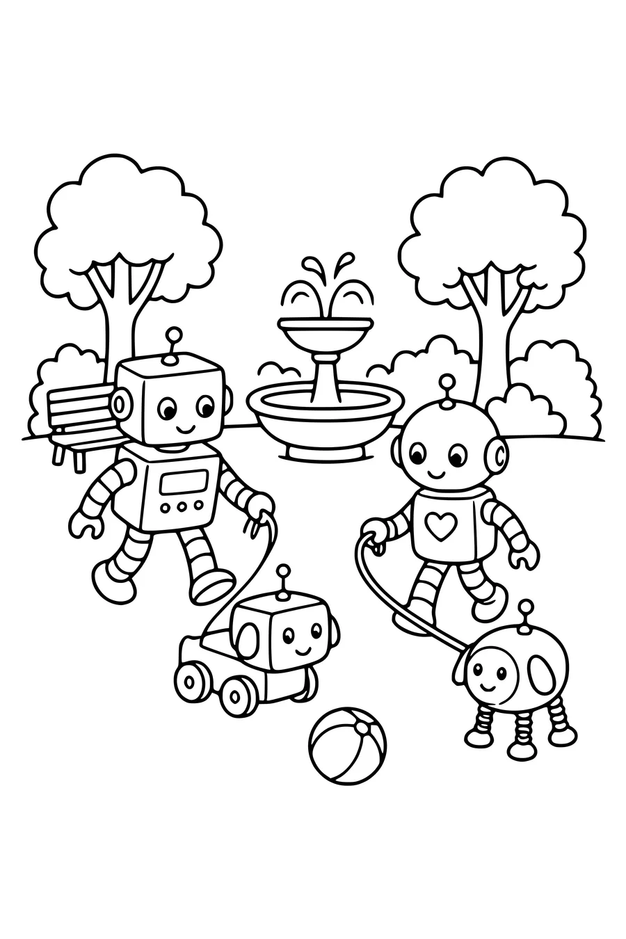 Medium coloring page of two original robot friends walking robot pets in a park