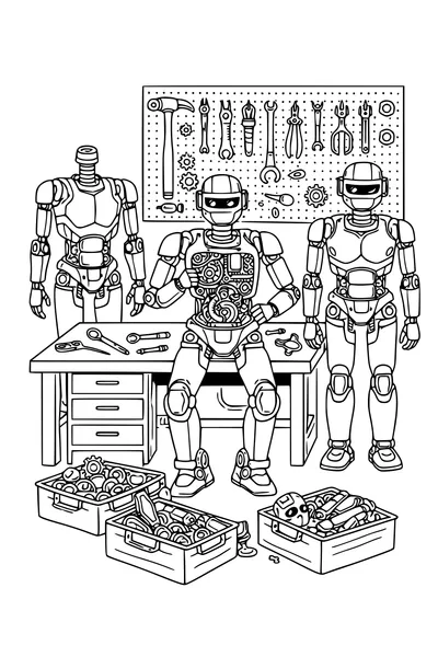Coloring page of a robot workshop with three robots being assembled