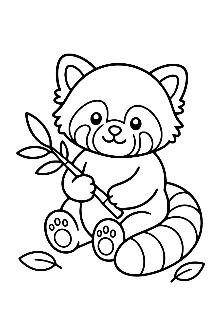 Printable coloring page of cute red panda with bamboo