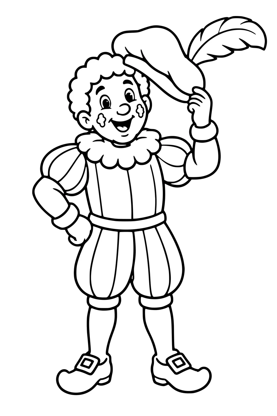 Een vrolijke roetveegpiet houdt zijn grote hoed met één veer omhoog.