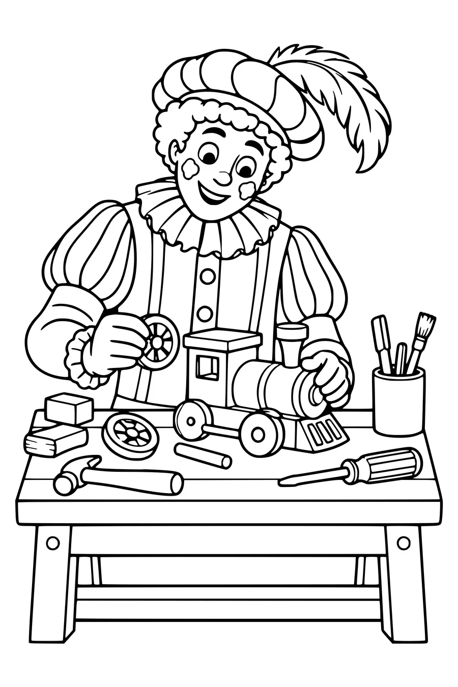 Ein Rußpiet setzt ein loses Rad an eine hölzerne Lokomotive zurück.