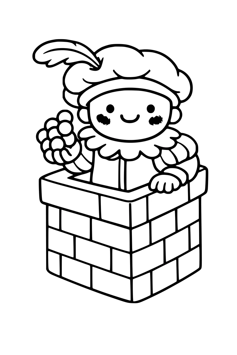 Coloring page of Piet with soot smudges climbing out of a chimney with pepernoten