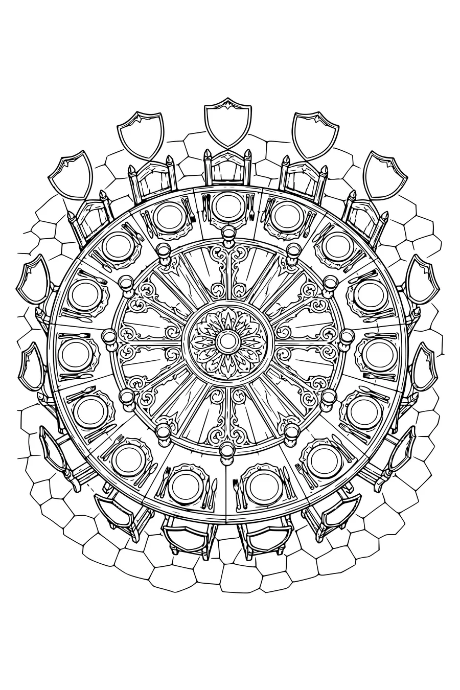 Coloring page of a round table seen from above with twelve blank shields