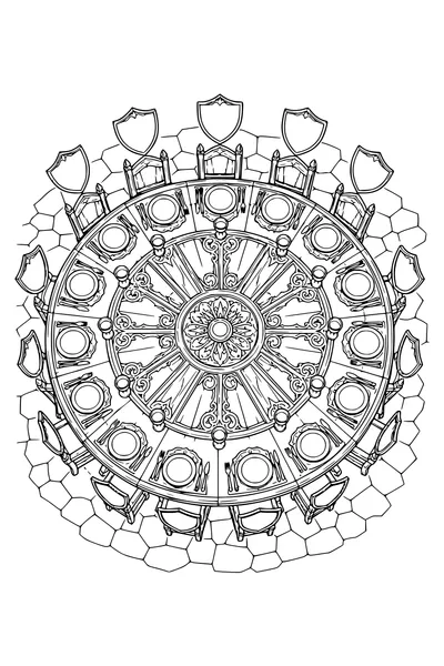 Coloring page of a round table seen from above with twelve blank shields