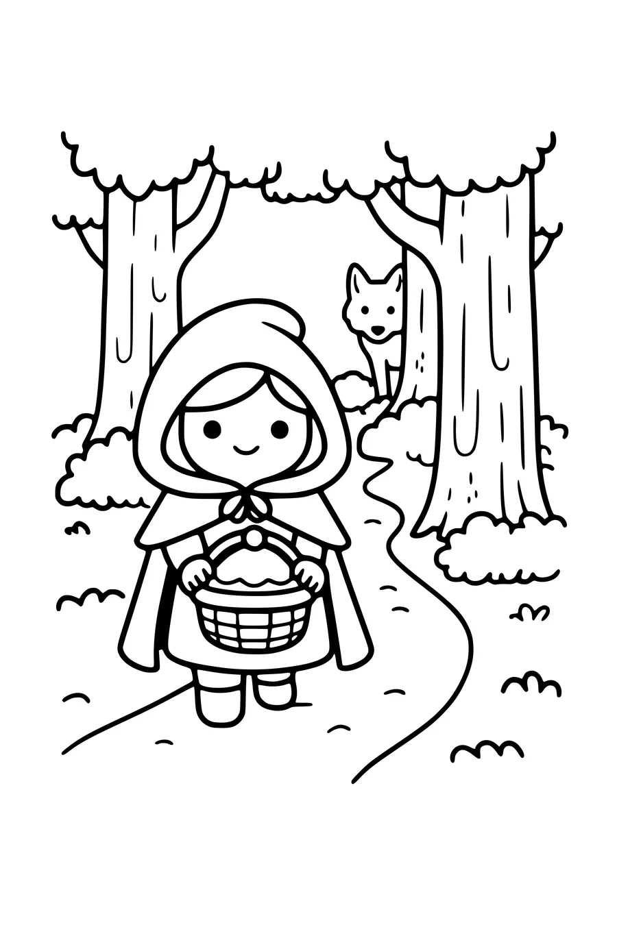 Coloring page of Little Red Riding Hood on a forest path with a wolf watching