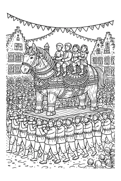Coloring page of a giant wooden processional horse carried through a town square