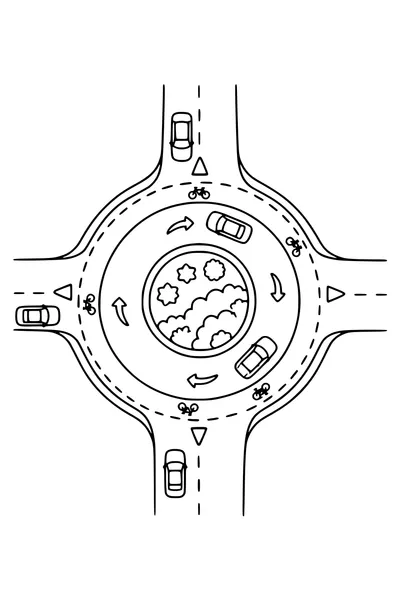 Coloring page of a roundabout seen from above with cars and arrows