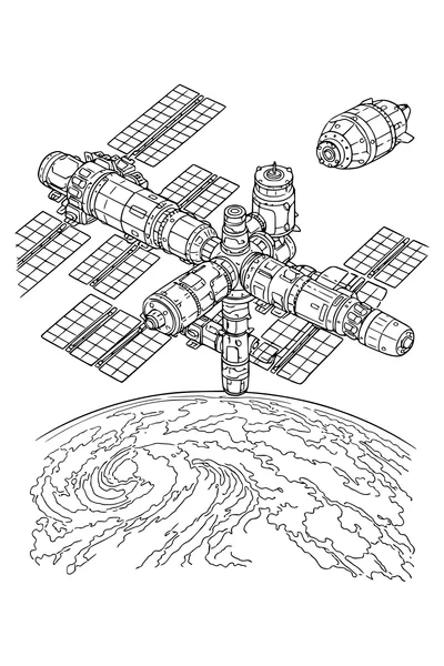 Coloring page of a space station with solar arrays above Earth