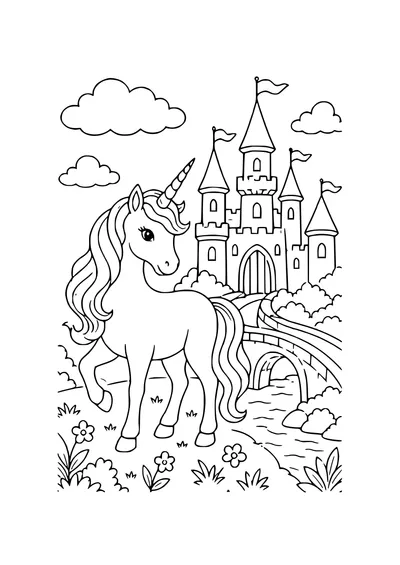 magical fantasy creature by a castle coloring page