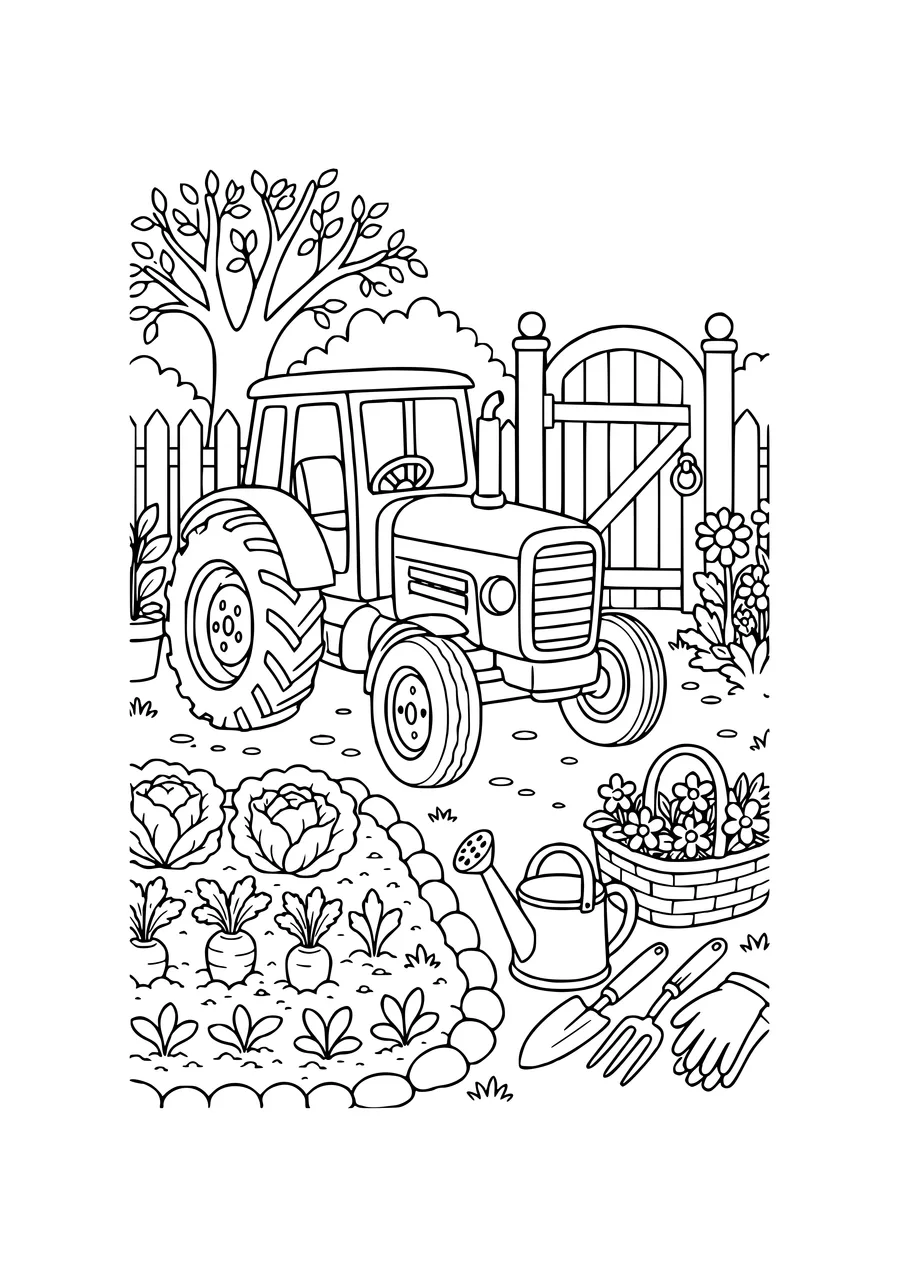 car and monster truck in a garden coloring page