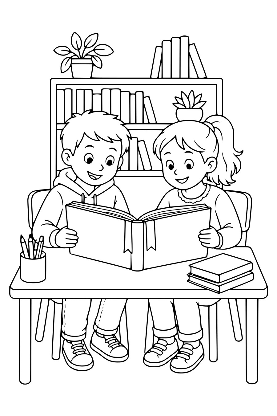 Free printable school coloring page of reading a book together in class in class