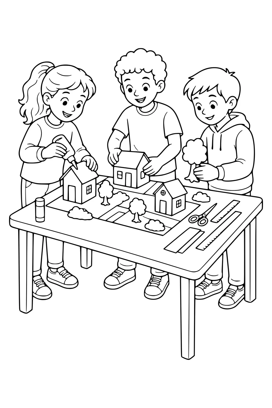 Free printable school coloring page of working together on a school project in class