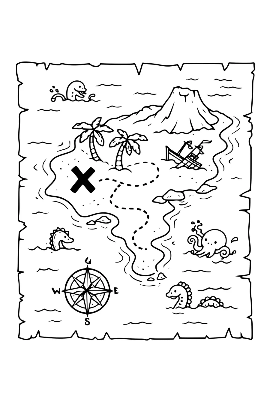 Coloring page of a torn treasure map with an island, compass rose and an X