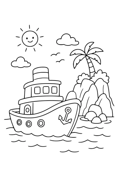 coloriage paquebot près d’une île tropicale
