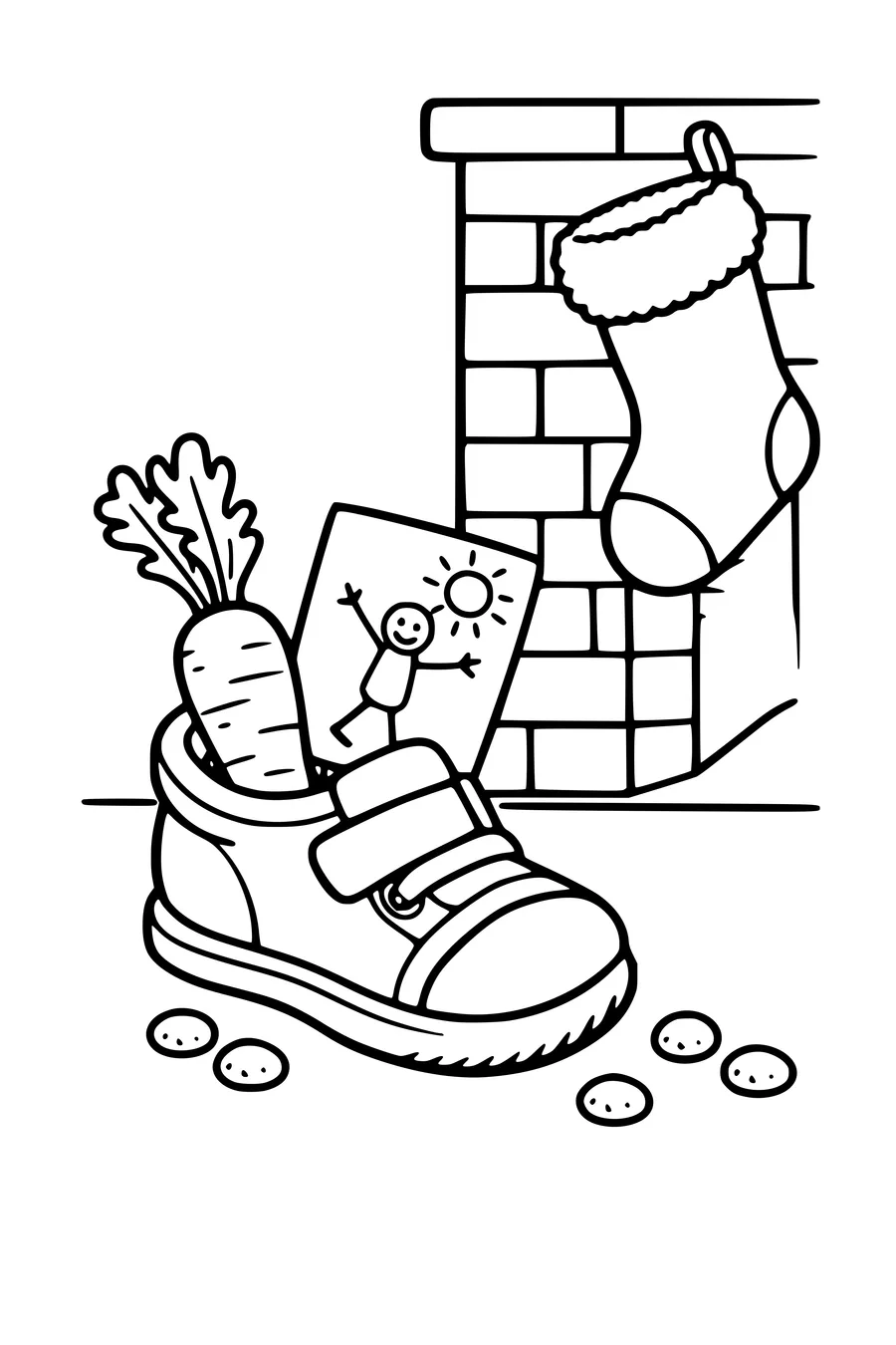 Coloring page of a shoe by the fireplace with a carrot and a drawing in it