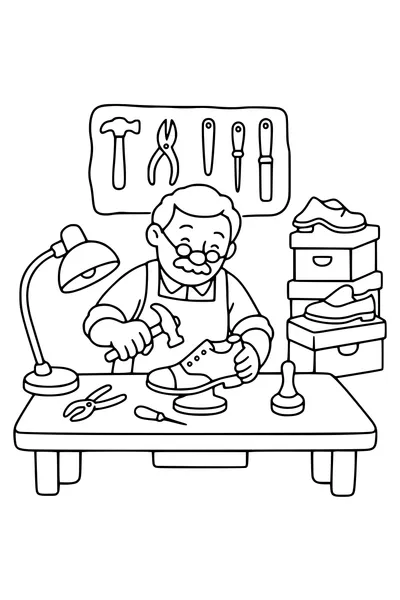 Ausmalbild Schuhmacher an der Werkbank mit Werkzeug
