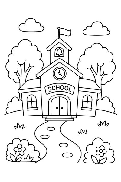 Ausmalbild klassische Schule mit Glockenturm