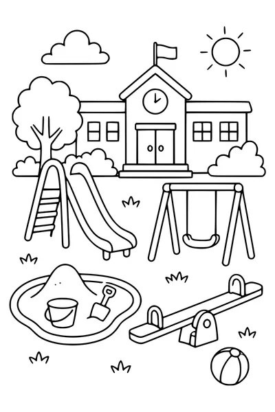 Ausmalbild Schulhof mit Rutschen und Schaukeln
