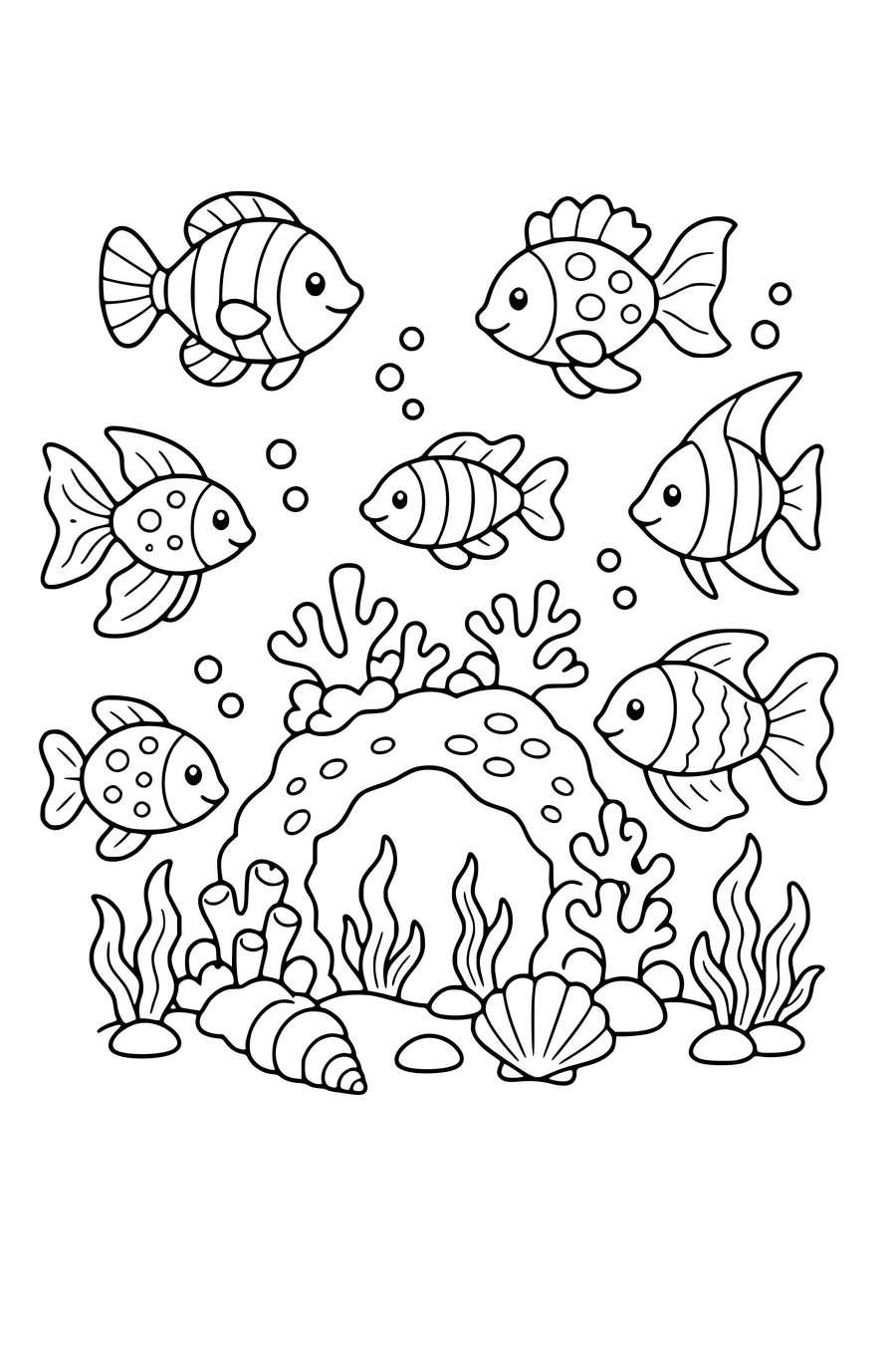 Coloring page of seven different cheerful fish swimming together
