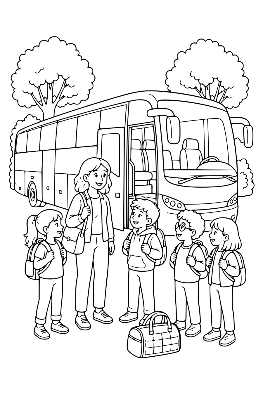 Free printable school coloring page of school trip by coach in class