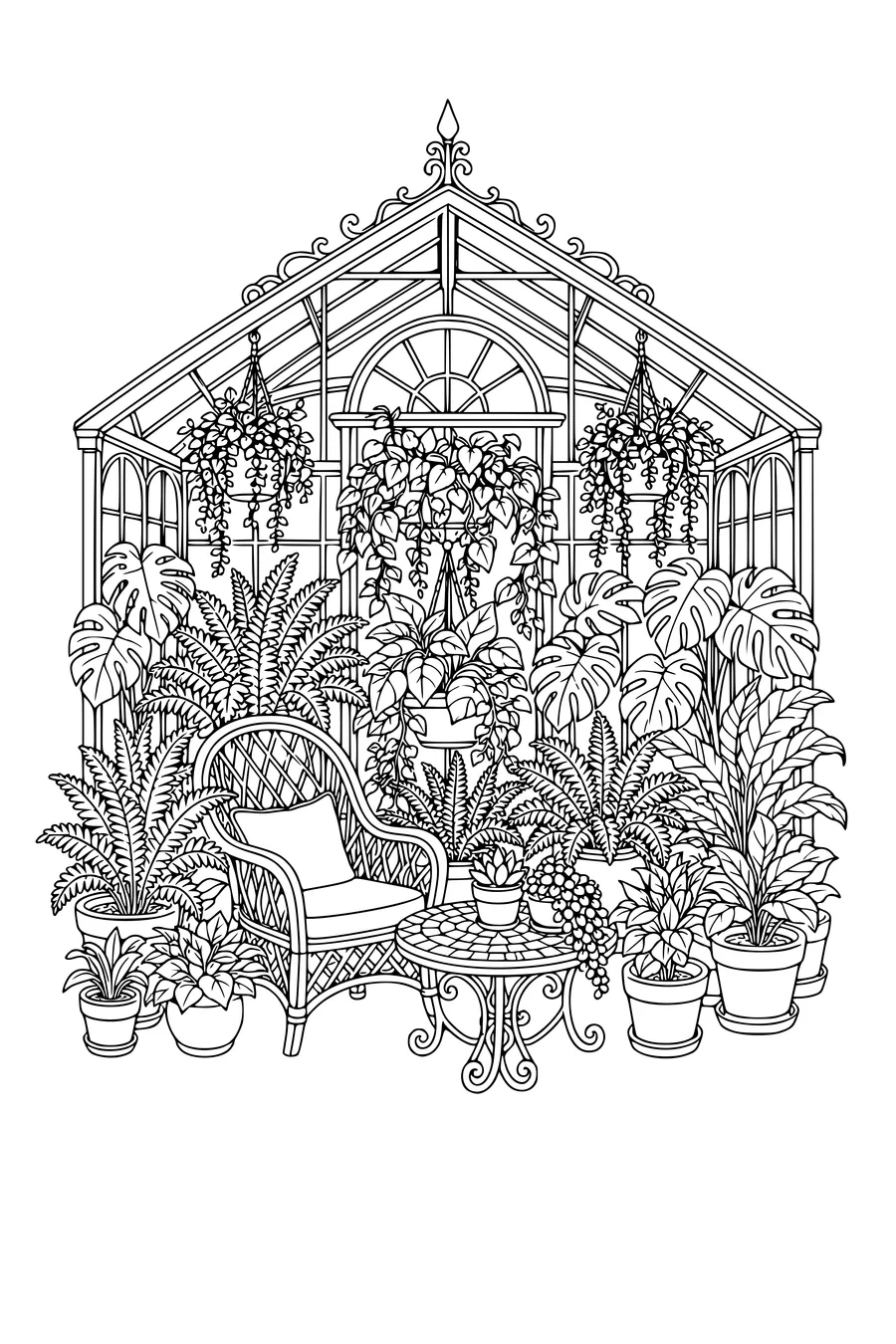 Detailed adult coloring page of a conservatory filled with houseplants