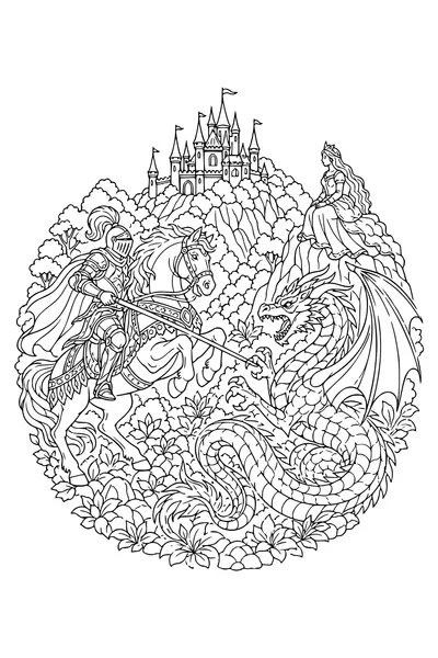 Coloring page of a knight on horseback facing a coiled dragon