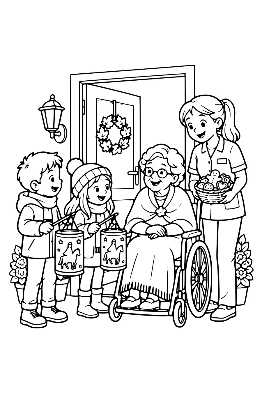 Two children show Saint Martin lanterns to an elderly care-home resident seated beside a wide doorway, a caregiver holding a basket of treats.