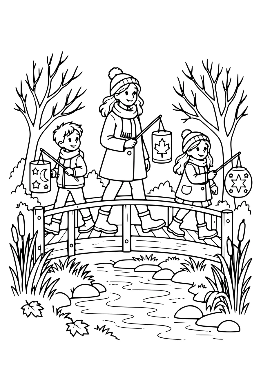 Een ouder en twee kinderen steken een houten brug over met hun lampions.