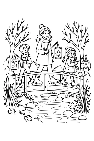 An adult and two children carry Saint Martin lanterns across a small wooden bridge over a stream, reeds and bare trees nearby.