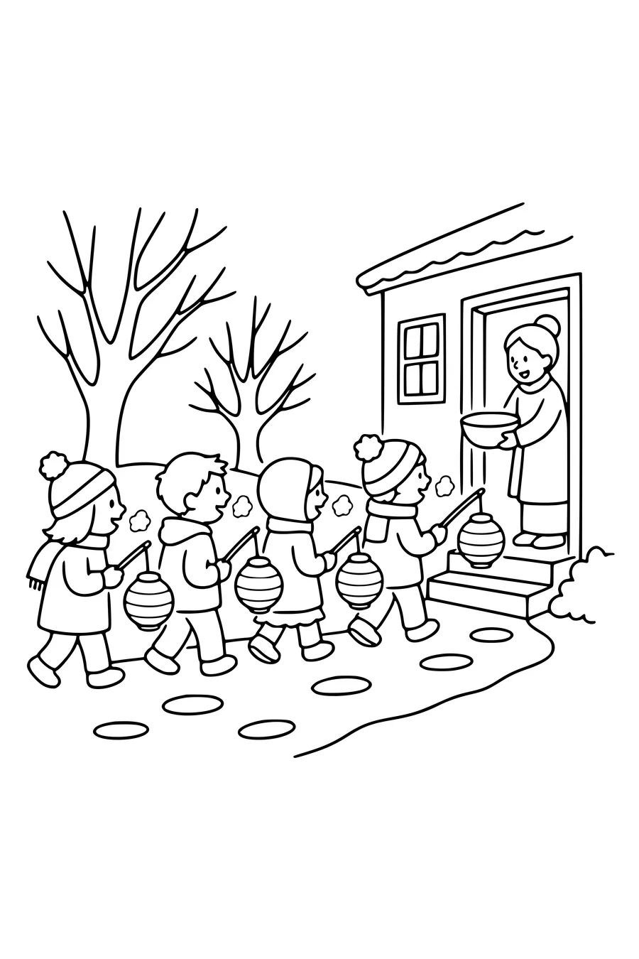 Coloring page of children walking with paper lanterns in the dark