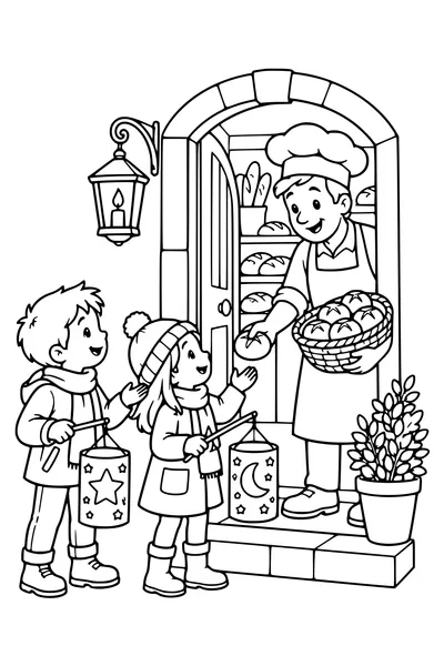 Two children holding Saint Martin lanterns sing at a bakery doorway where a baker offers small rolls from a basket, no lyrics or signage.