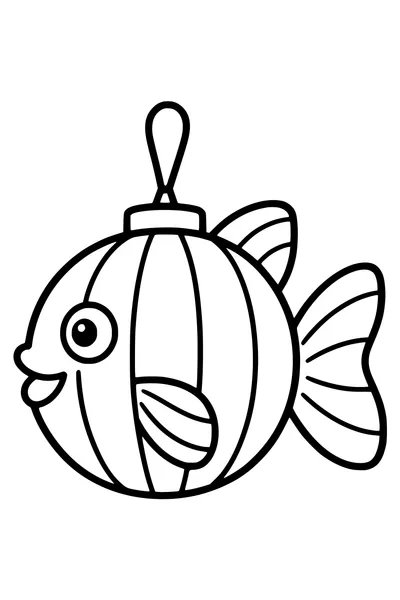 A round fish-shaped Saint Martin paper lantern has a broad tail, two simple fins and a hanging loop.