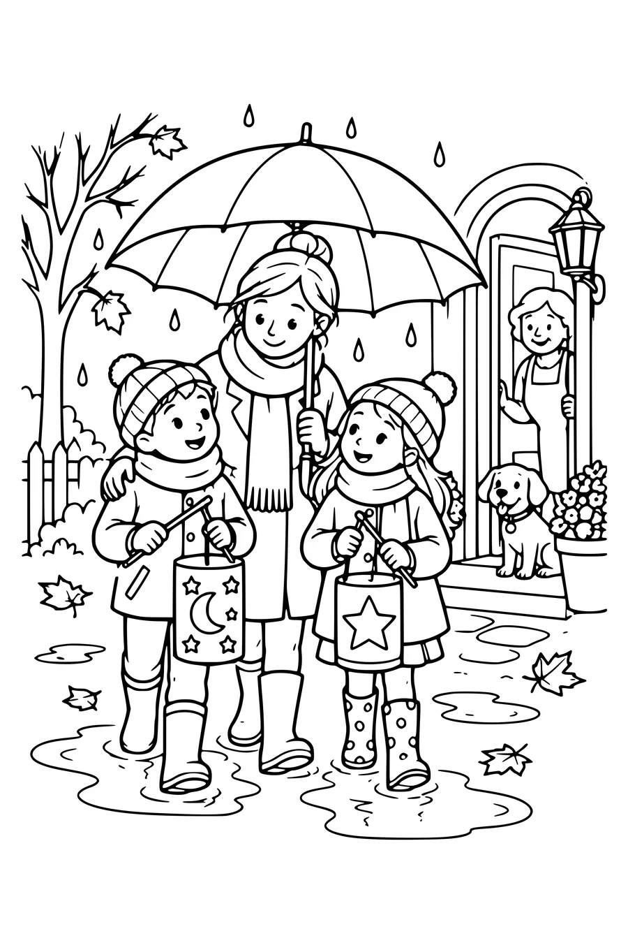 An adult shelters two children carrying sturdy Saint Martin lanterns beneath a broad umbrella, puddles and a welcoming doorway nearby.