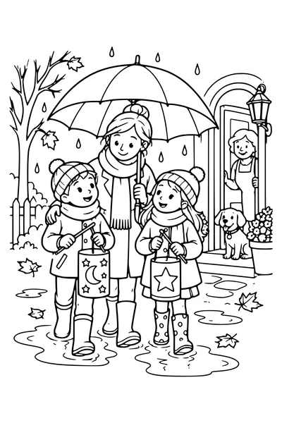An adult shelters two children carrying sturdy Saint Martin lanterns beneath a broad umbrella, puddles and a welcoming doorway nearby.