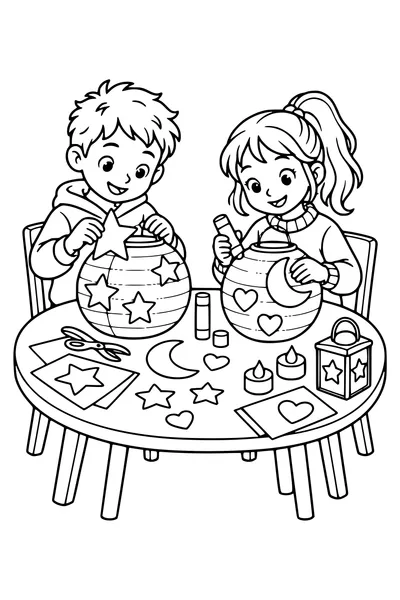 Two children glue large paper shapes onto round Saint Martin lanterns at a craft table, safe scissors, glue sticks and battery lights nearby.