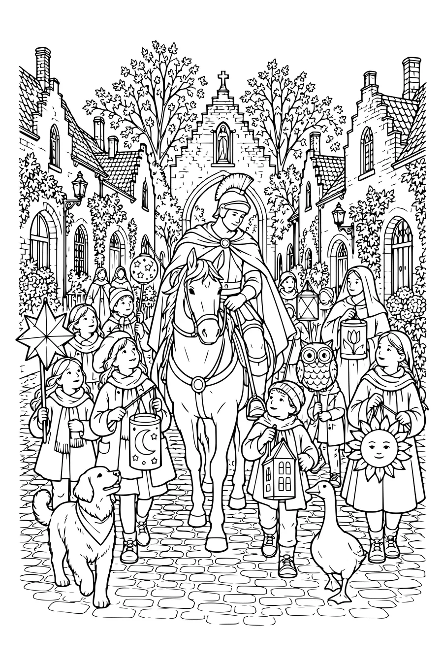 Un cortège de lanternes marche sur des pavés le long de portes voûtées et de vieilles façades en briques.