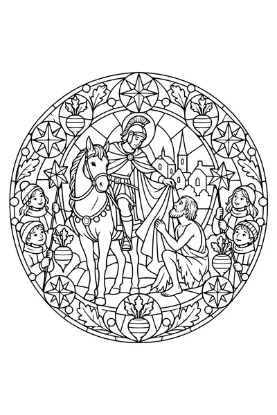 A circular stained-glass-style Saint Martin design contains star lanterns, beet lanterns, a horse and a shared cloak, all panes left open for coloring, no rectangular outer frame.