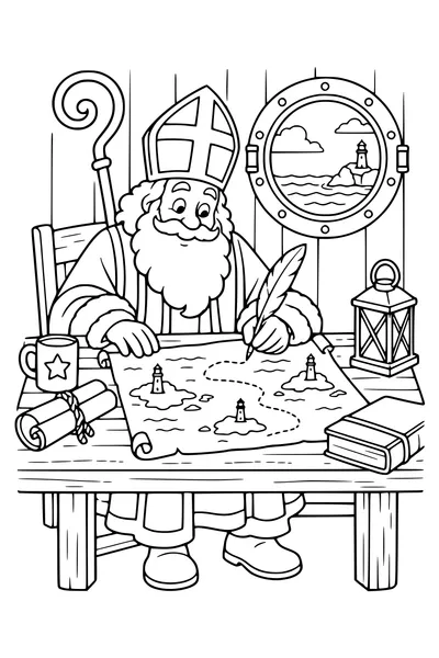 Aan de kajuittafel bekijkt de Sint de vaarroute tussen vuurtorens.