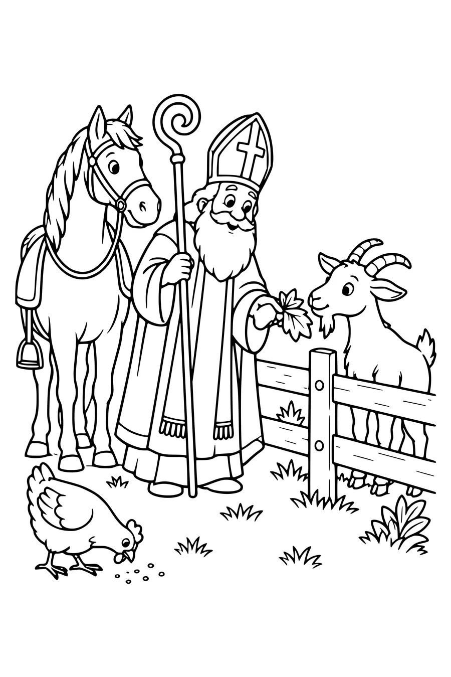 De Sint voert een geit door het hek terwijl zijn paard naast hem wacht.