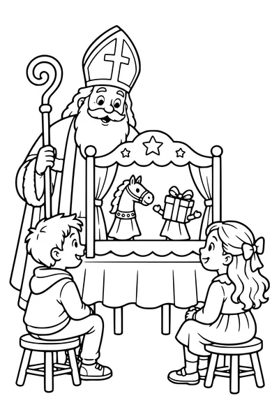 De Sint kijkt naar een kleine poppenkast met een paardpop en een pakjespop.