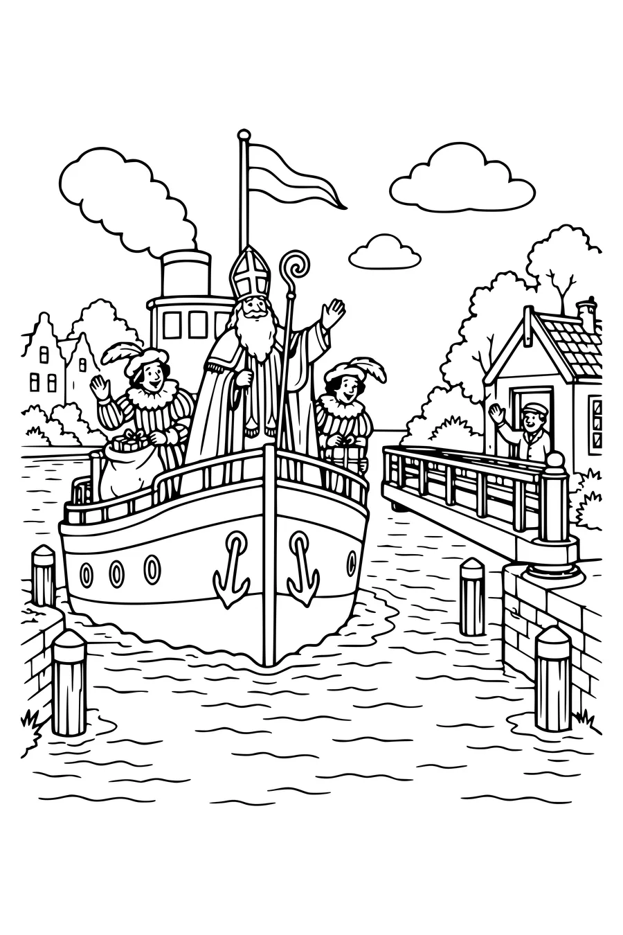 De stoomboot wacht voor een opengedraaide brug met een brugwachtershuisje.
