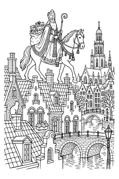 Het paard draagt de Sint langs versierde schoorstenen boven een gracht met bruggen.