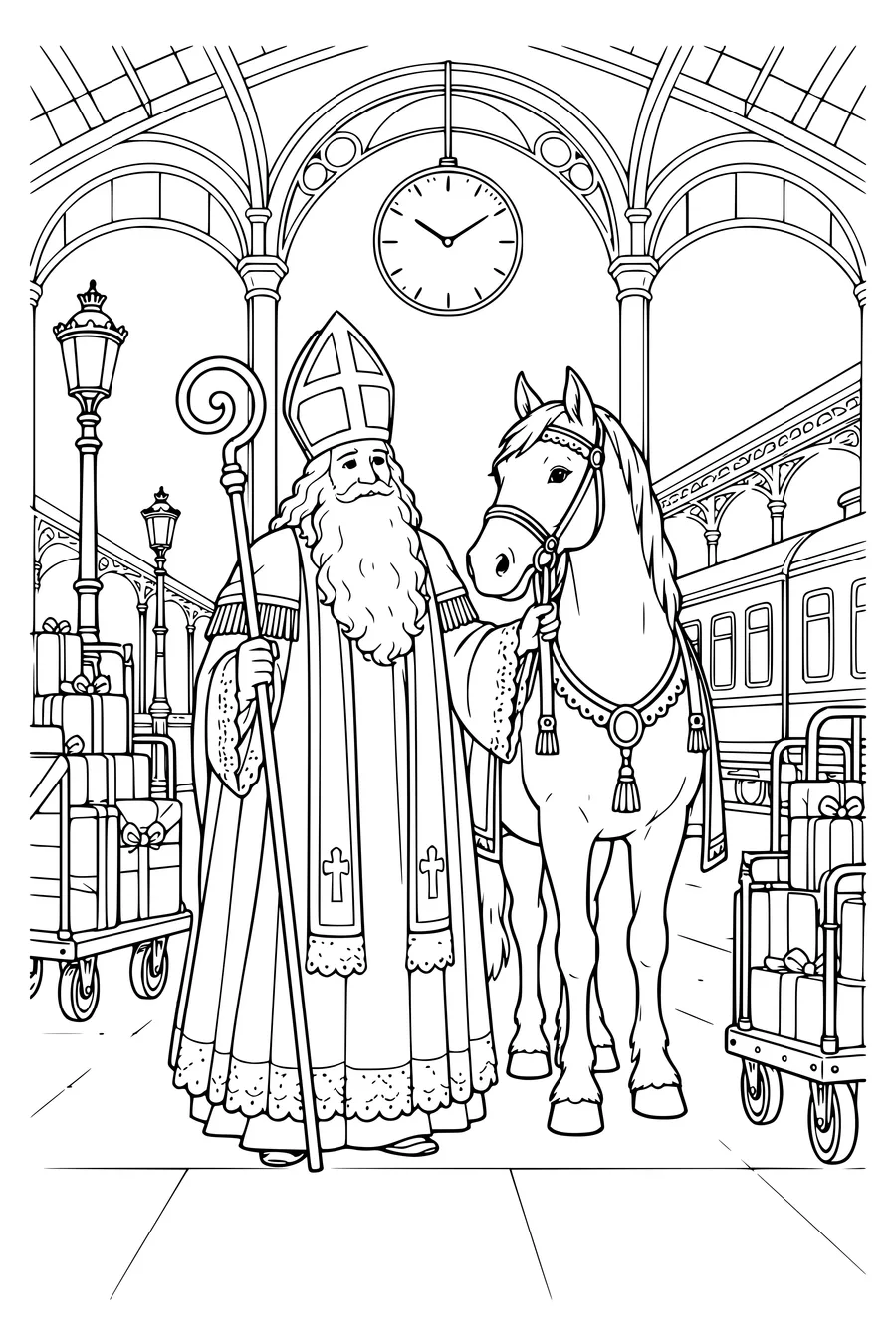 Onder hoge bogen wachten pakjeskarren naast de Sint en zijn paard.