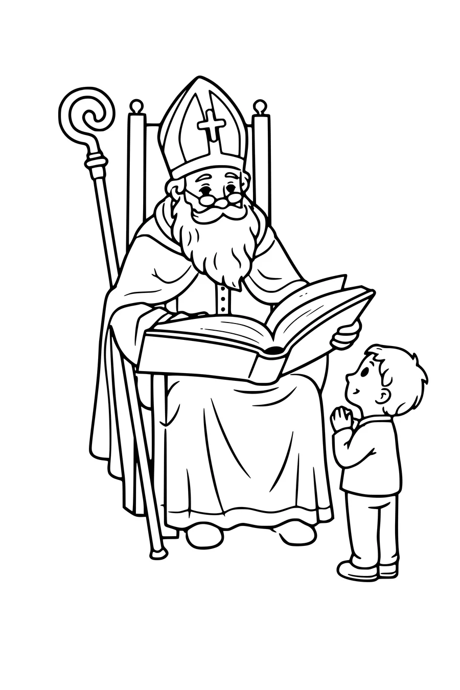 Coloriage : Saint‑Nicolas lit dans le grand livre