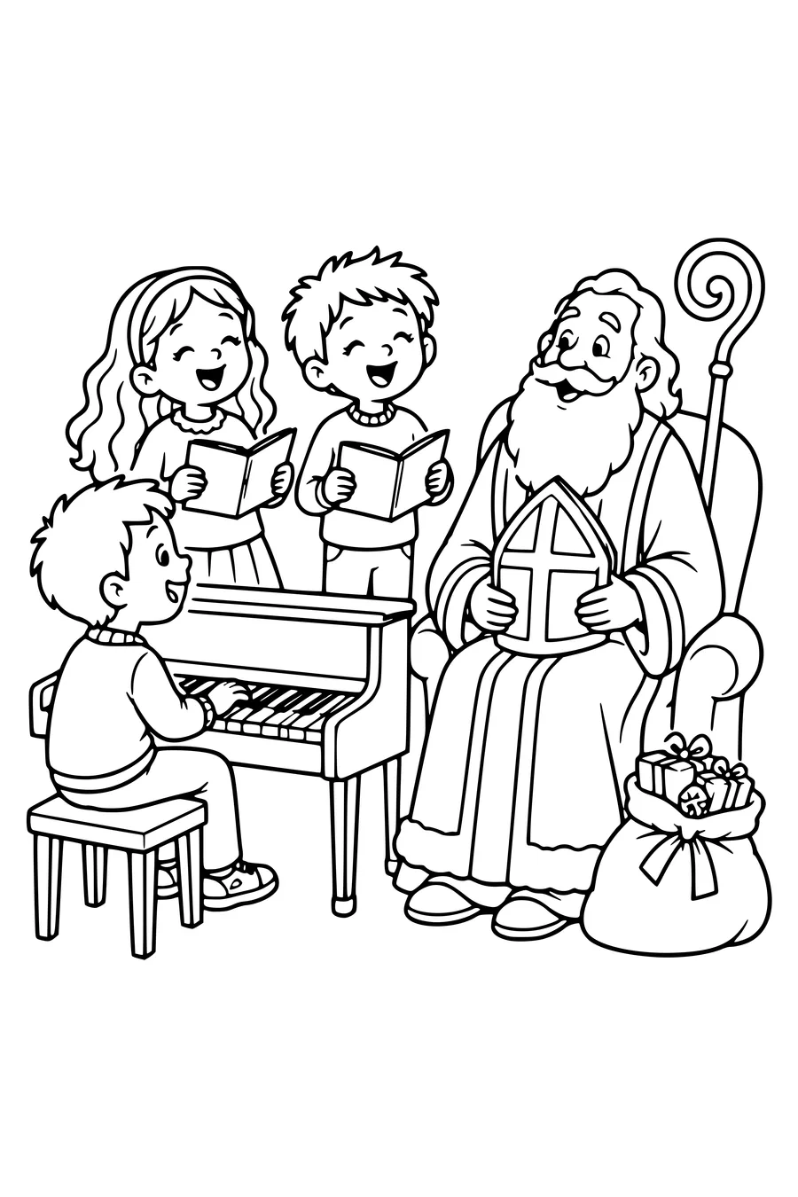 Trois enfants chantent près d’un piano pendant que Sinterklaas écoute assis sur une chaise.