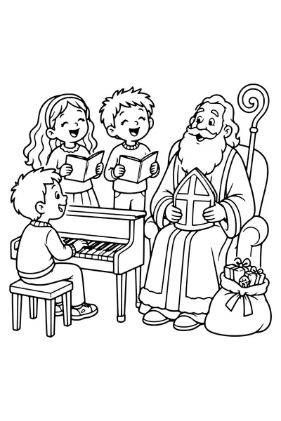 Drie kinderen zingen bij een piano terwijl de Sint op een stoel luistert.