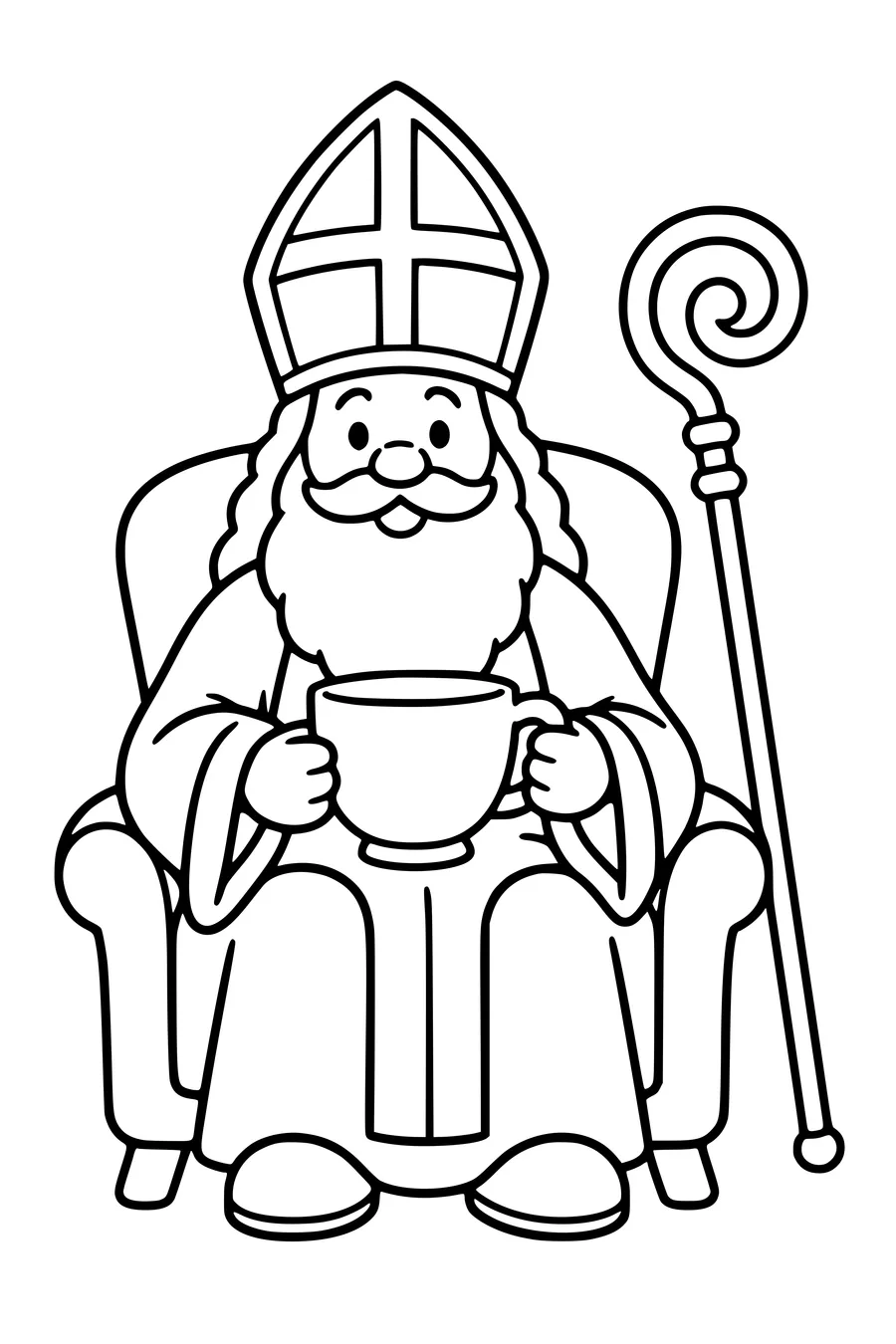 Sinterklaas tient une grande tasse de thé avec sa crosse à côté de la chaise.