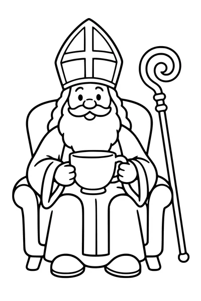 De Sint houdt een grote theekop vast terwijl zijn staf naast de stoel staat.